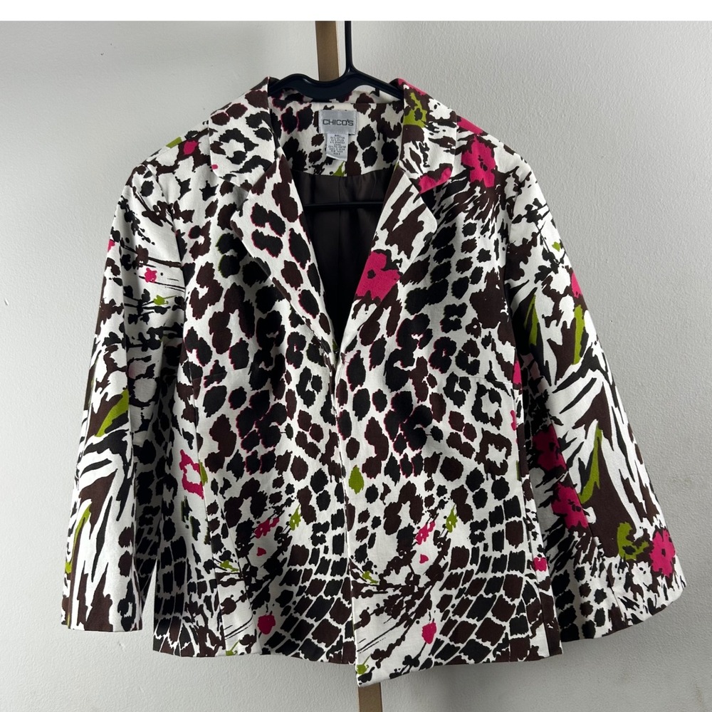 Chico's Blazer Women Size 0 (4-6) Y2K Leopard Floral Print Tropical Office jackt